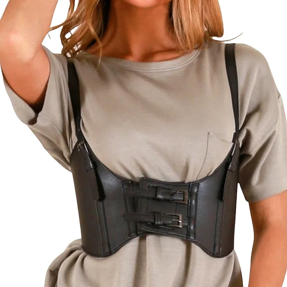 Womens Corset black vegan leather harness buckle suspenders steampunk waist belt - Picture 14 of 17